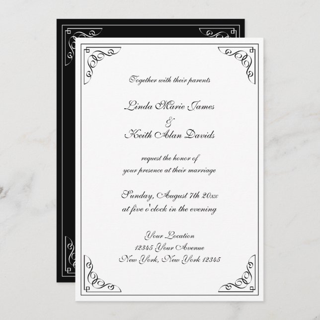 Elegant retro style flourish swirly border wedding invitation (Front/Back)