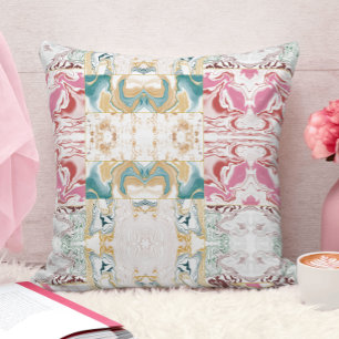 Elegant Retro Teal & Pink Marble Fluid Art Mosaic Throw Pillow