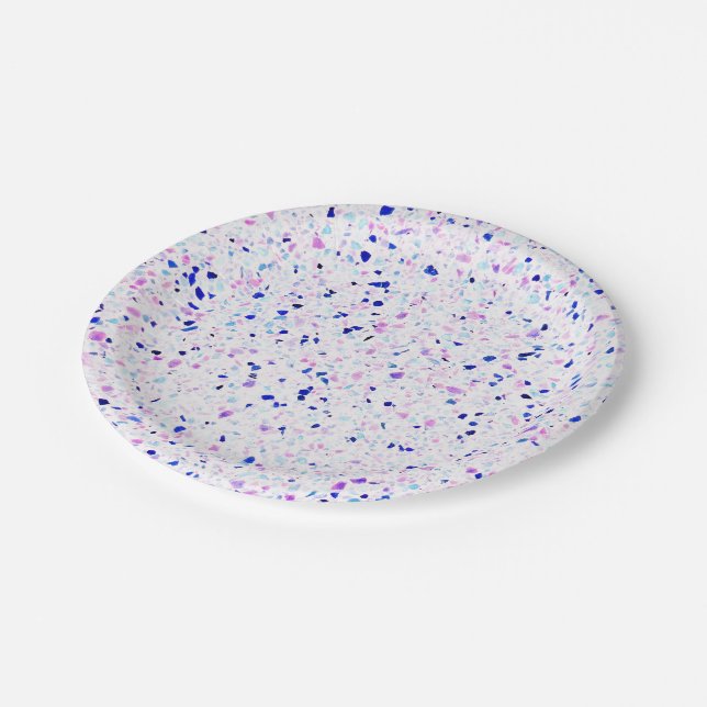 Elegant Retro Terrazzo Purple White Pattern Paper Plates (Angled)