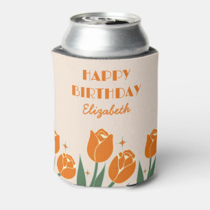Elegant Retro Tulip Floral Orange Birthday  Can Cooler