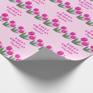 Elegant Retro Tulip Floral Pink Birthday Wrapping Paper
