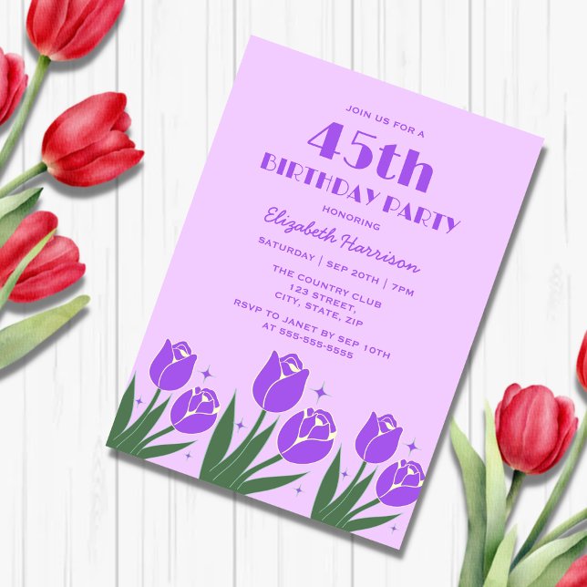 Elegant Retro Tulip Floral Purple Birthday  Invitation (Creator Uploaded)