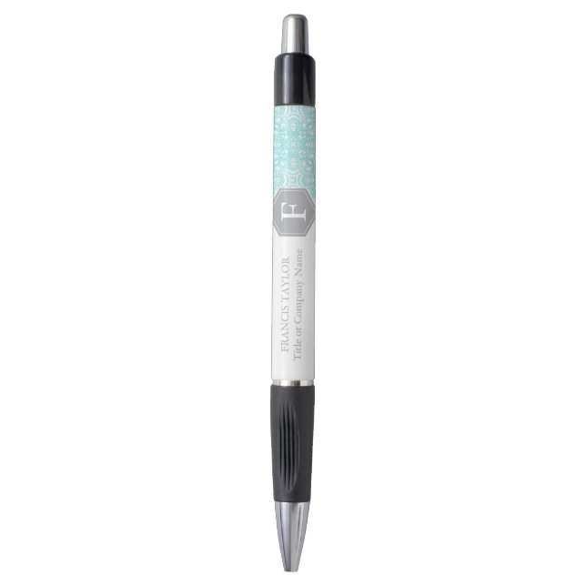 Elegant retro turquoise and gray monogram pattern… pen (Front Vertical)