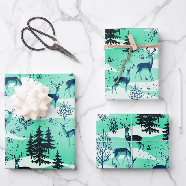 Elegant Retro Turquoise Blue Woodland Deer Wrapping Paper Sheets (Front)