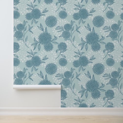 Elegant Retro Viburnum Floral Pattern Powder Blue  Wallpaper