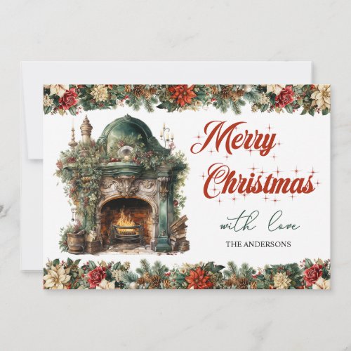 Elegant Retro vintage cozy Christmas fireplace Holiday Card