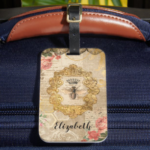 Elegant Retro Vintage Floral Decoupage Luggage Tag