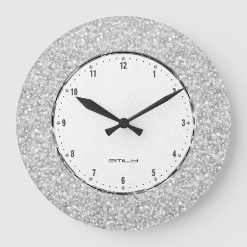Elegant Retro White Faux Glitter And Sparkle Print Large Clock