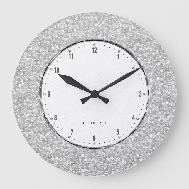 Elegant Retro White Faux Glitter And Sparkle Print Large Clock (Front)