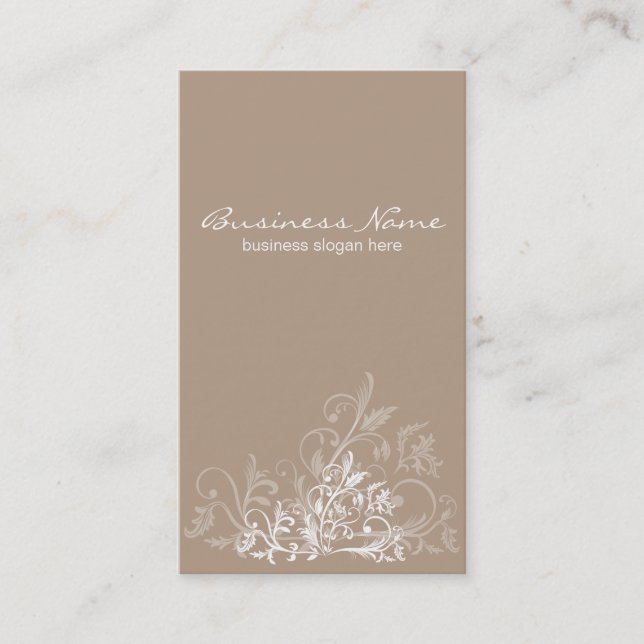 Elegant Retro White Flower Light Brown Business Card (Front)