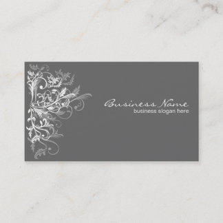 Elegant Retro White Flower Swirls Dark Grey Business Card