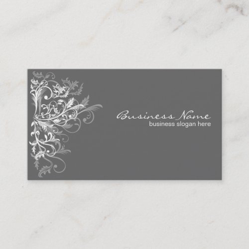 Elegant Retro White Flower Swirls Dark Grey Business Cards