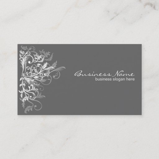 Customizable Elegant Retro White Flower Swirls Dark Grey Business Cards