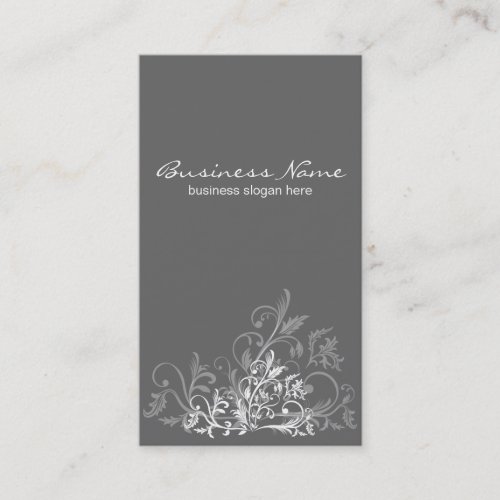 Elegant Retro White Flower Swirls Dark Grey Business Card Template