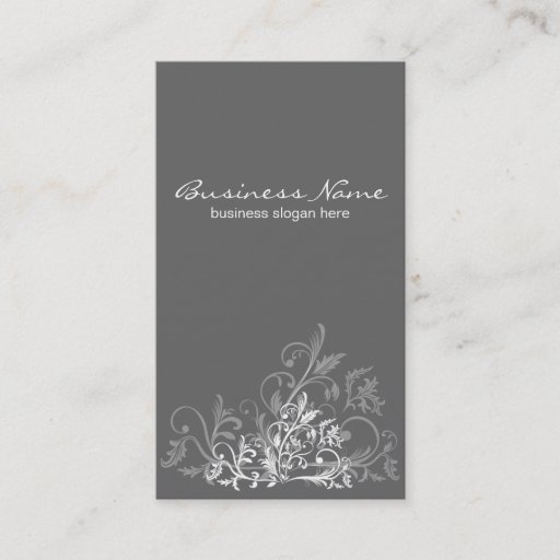Customizable Elegant Retro White Flower Swirls Dark Grey Business Card Template