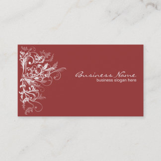 Elegant Retro White Flower Swirls Dark Red Business Card