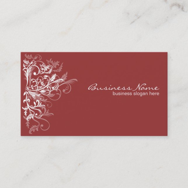 Elegant Retro White Flower Swirls Dark Red Business Card (Front)