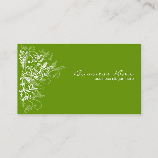 Elegant Retro White Flower Swirls Green Business Card (Front)