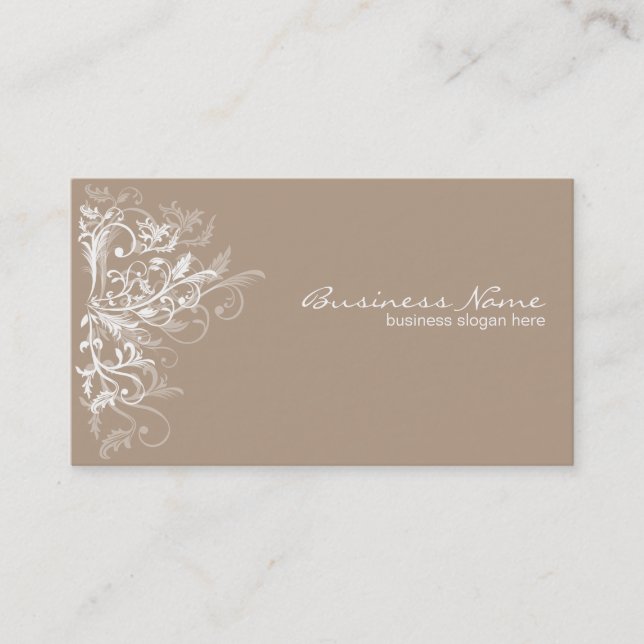 Elegant Retro White Flower Swirls Light Brown Business Card (Front)