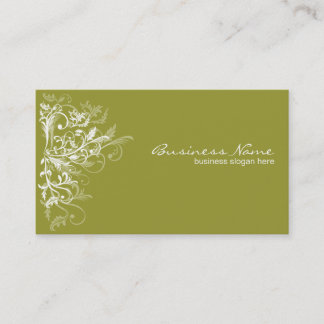 Elegant Retro White Flower Swirls Olive Green Business Card