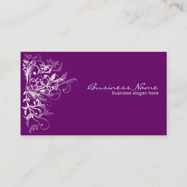 Elegant Retro White Flower Swirls Plum Business Card (Front)