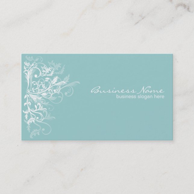 Elegant Retro White Flower Swirls Turquoise Business Card (Front)