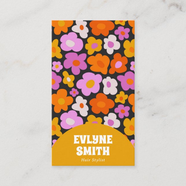 Elegant Retro Yellow QR Code Boho Groovy Floral Business Card (Front)