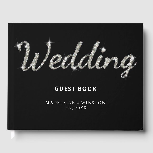 Elegant Rhinestones Chic Black Wedding Guest Book (Front)