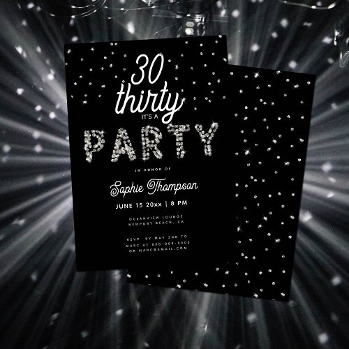 Elegant Rhinestones Glitter Black 30th Birthday Invitation