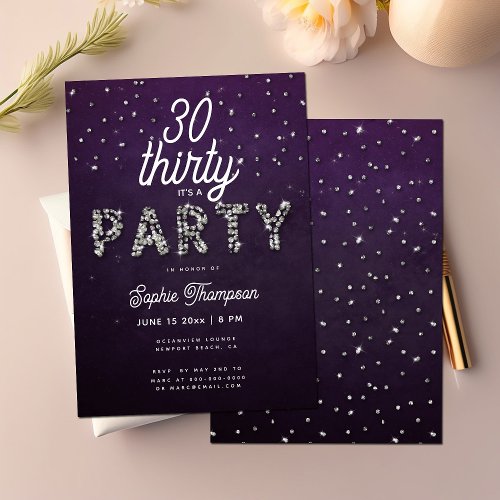 Elegant Rhinestones Glitter Purple 30th Birthday Invitation