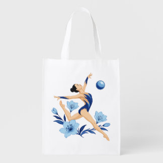 Elegant rhythmic gymnast with blue flowers bag