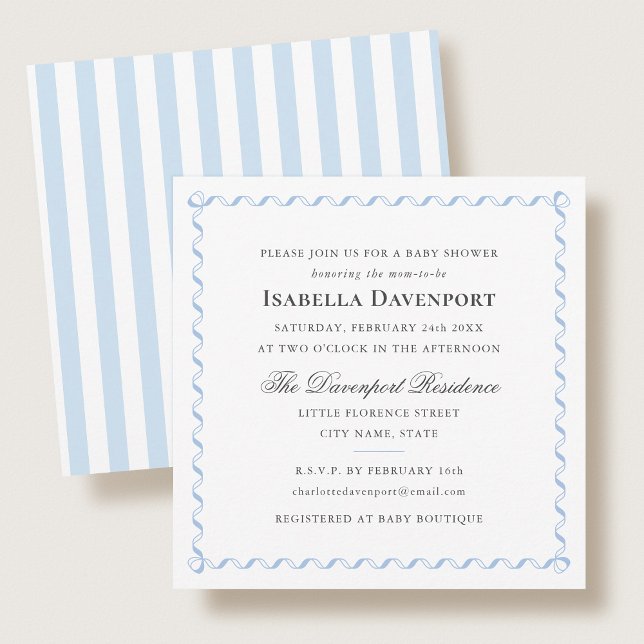 Elegant Ribbon Baby Shower Script Stripes Blue Invitation (Creator Uploaded)