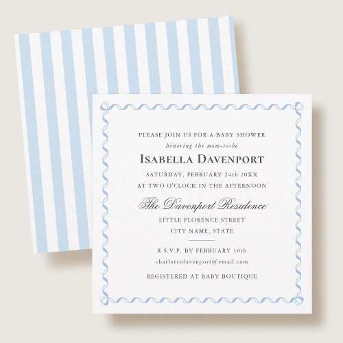 Elegant Ribbon Baby Shower Stripes Blue Square Invitation