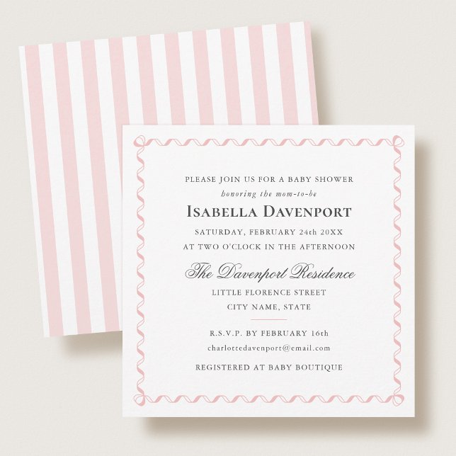 Elegant Ribbon Baby Shower Stripes Script Pink Invitation (Creator Uploaded)
