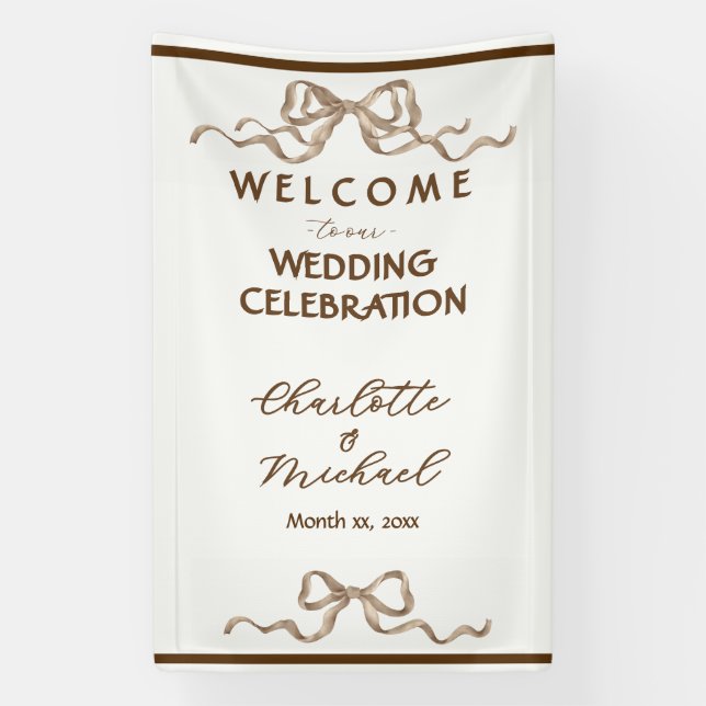 Elegant Ribbon & Bow Warm Brown Romantic Wedding Banner (Vertical)