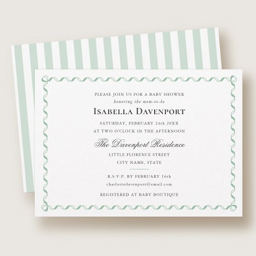 Elegant Ribbon Candy Striped Baby Shower Green Invitation