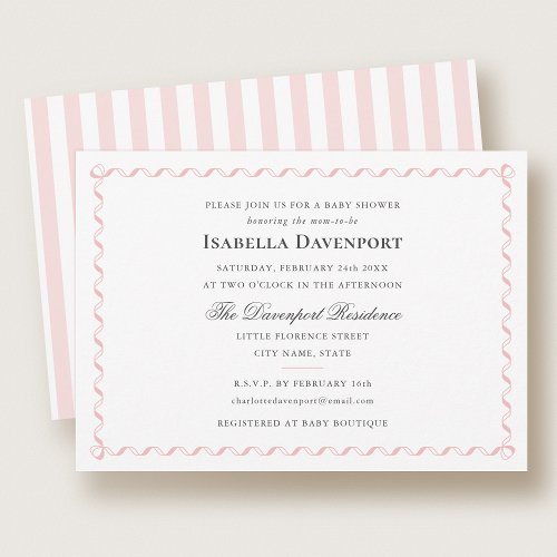 Elegant Ribbon Candy Striped Baby Shower Pink Invitation