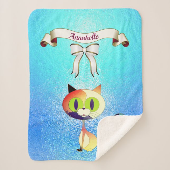 Elegant Ribbon Cartoon Cat Name Personalize Sherpa Blanket (Front)