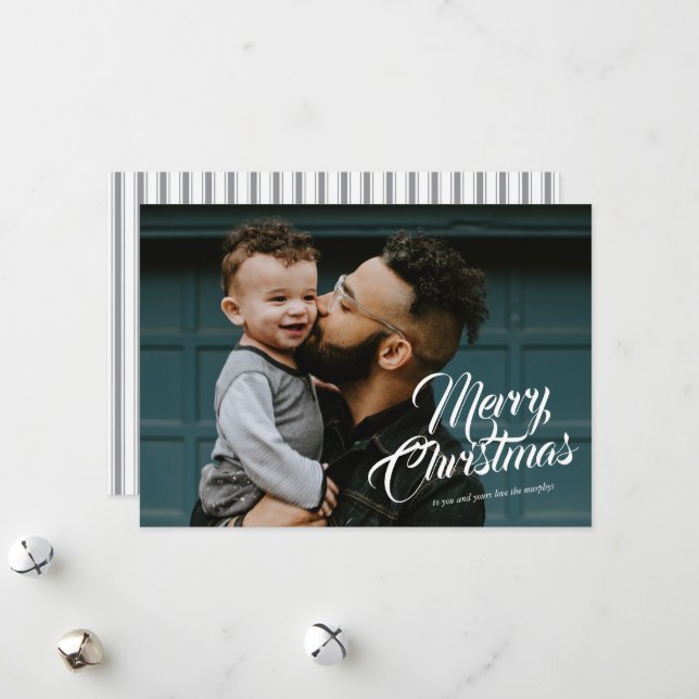 Elegant Ribbon Corner Merry Christmas Script Holiday Card (Front/Back In Situ)
