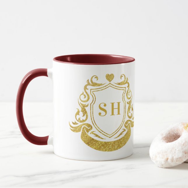 Elegant Ribbon Crest and Gold Initial Monogram Mug (With Donut)