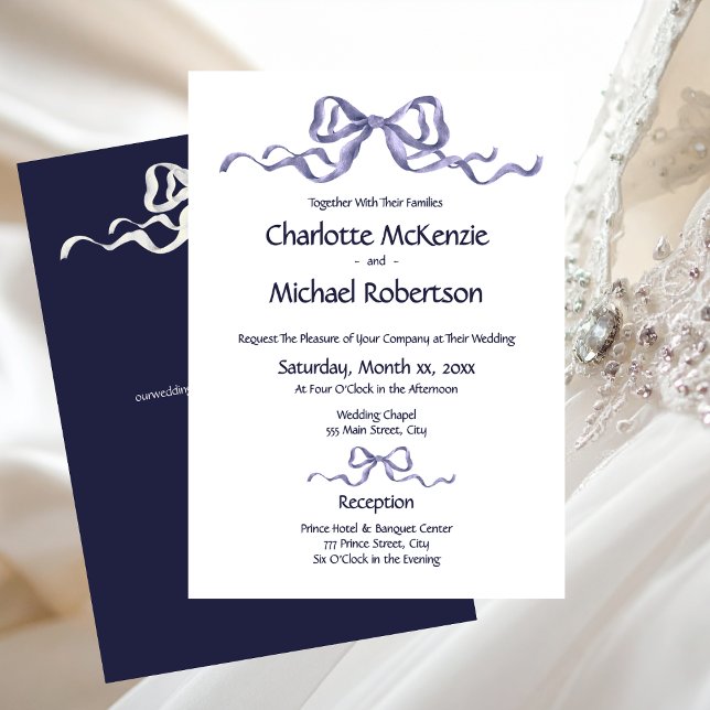 Elegant Ribbon Navy & White Romantic Wedding  Invitation (Elegant Ribbon Navy & White Romantic Wedding Invitation)