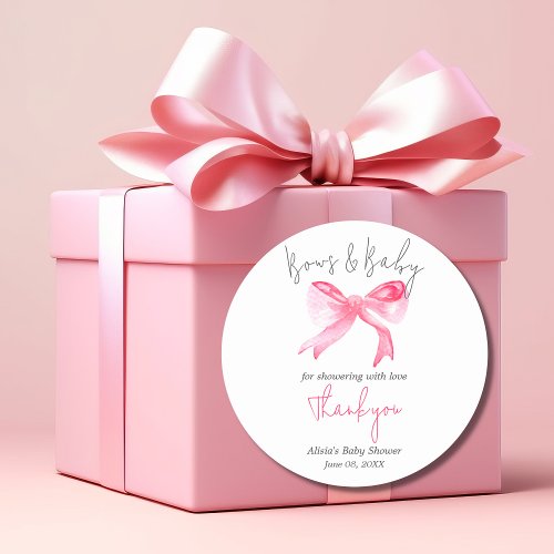 Elegant Ribbon Pink Bows and Baby Girl Baby Shower Classic Round Sticker
