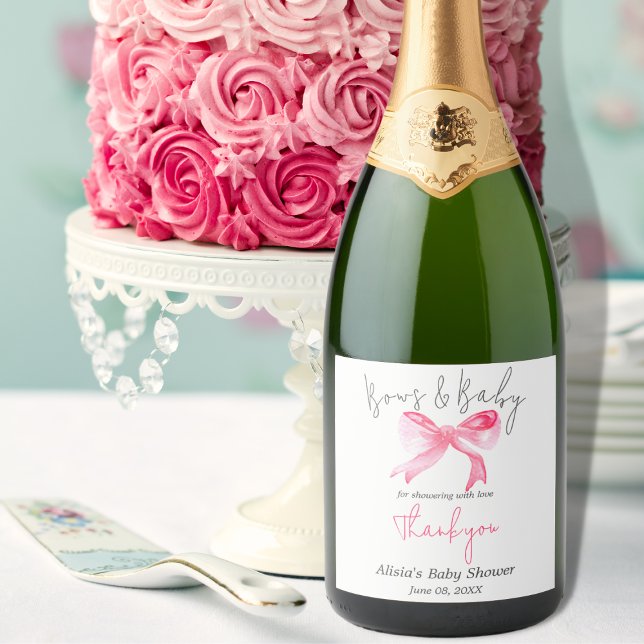 Elegant Ribbon Pink Bows and Baby Girl Baby Shower Sparkling Wine Label (Creator Uploaded)