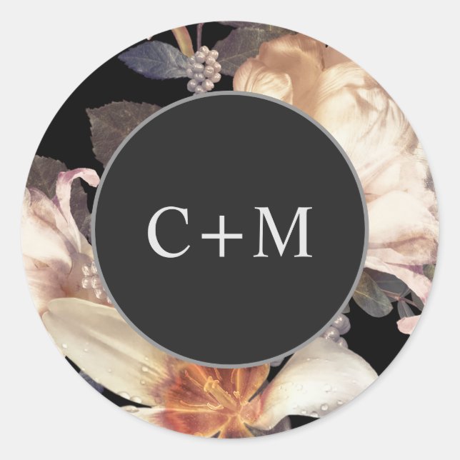 Elegant Rich Moody Floral Monogram Classic Round Sticker (Front)