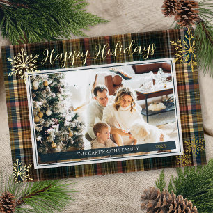 Elegant Rich Plaid Heirloom Style Happy Holidays Foil Invitation