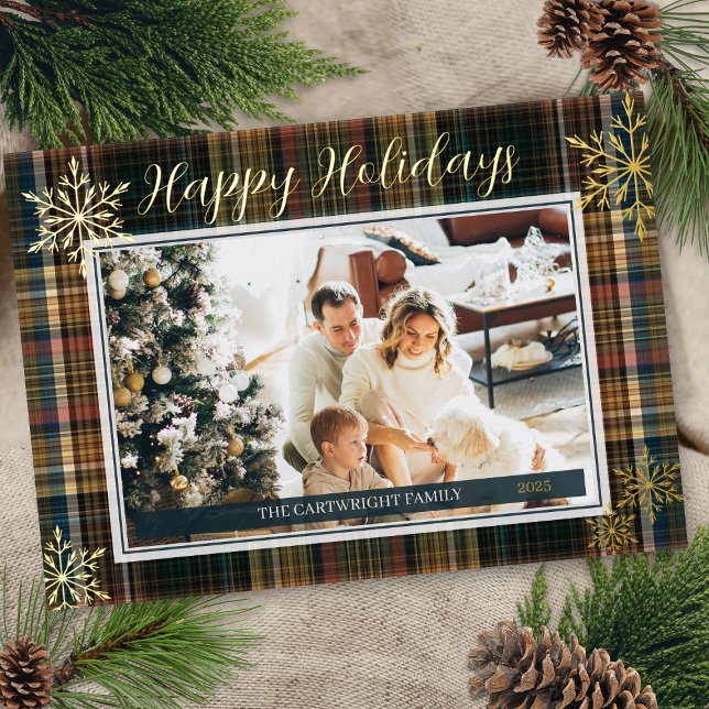 Elegant Rich Plaid Heirloom Style Happy Holidays Foil Invitation (elegant gold foil happy holidays formal plaid single photo christmas card with name year snowflakes)