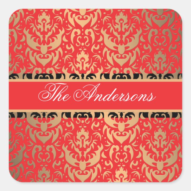 Elegant Rich Red Damask Shimmering Glamor Square Sticker (Front)