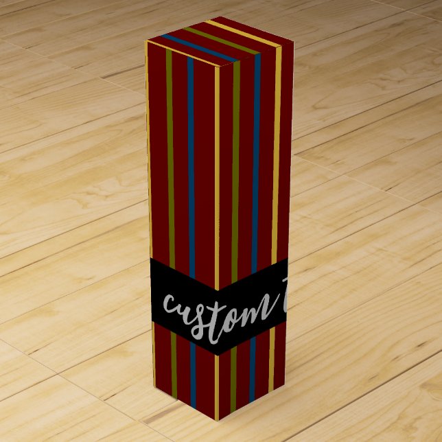 ELEGANT RICH RED VERTICAL STRIPE LINES SCRIPT TEXT WINE BOX (Front)