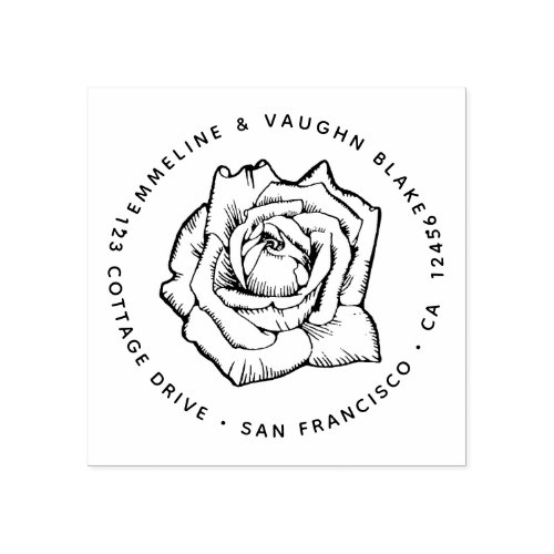 Elegant Rich Rose Blossom Return Address Botanical Rubber Stamp
