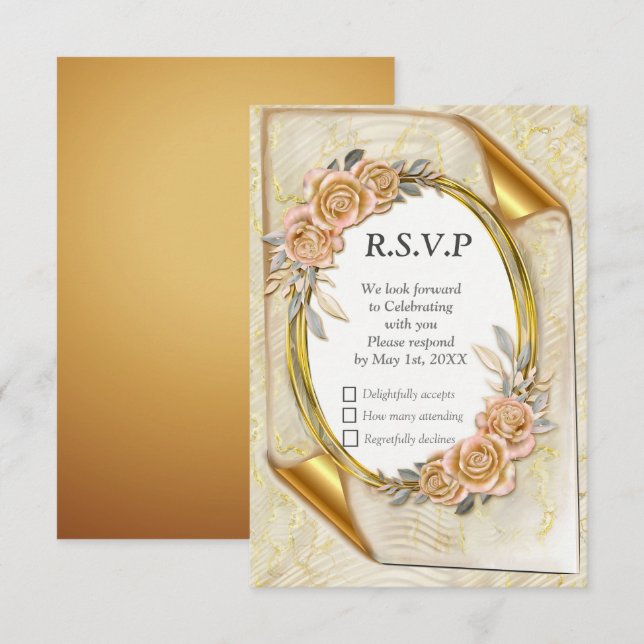 Elegant Ripple Cream & Gold RSVP Card (Front/Back)
